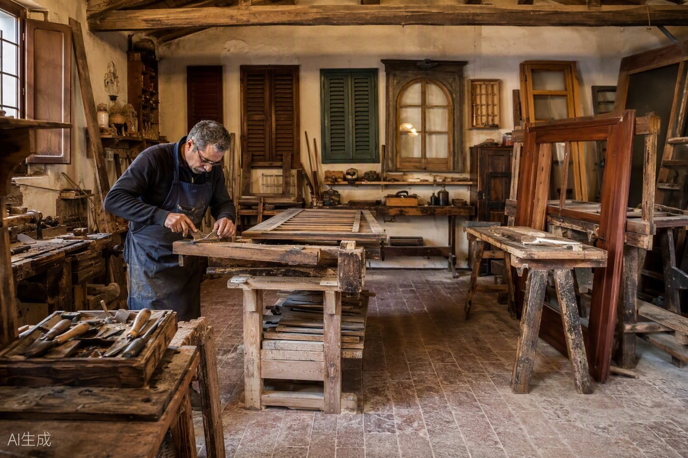 Il laboratorio di falegnameria di Restauro Persiane Brescia: persiane in lavorazione